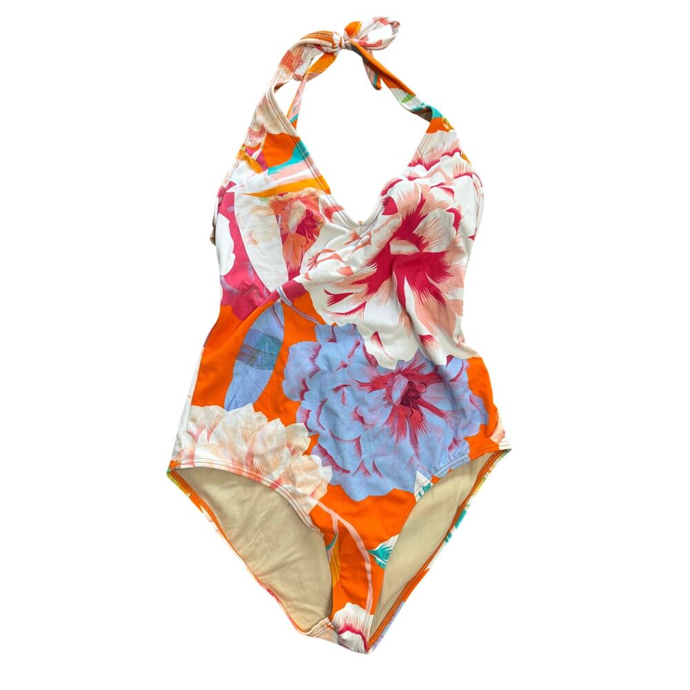 ECHO NY Low Back Halter Floral One Piece Swim Bathing Suit Orange NWT 12